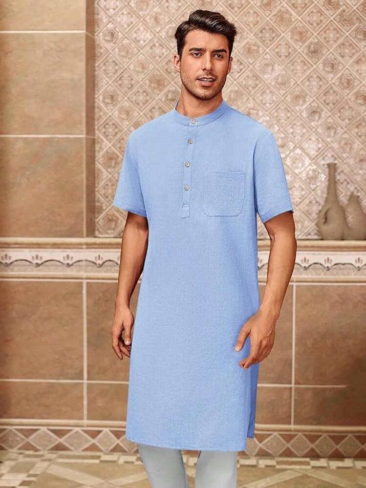 Mens Kurta Cotton Linen Henley Shirts Kaftan Short Sleeve Lounge Plain Gown Shirt-20256688 - sky blue - 查看 4