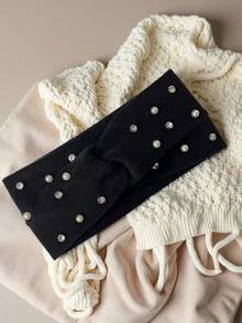 1 pieza Diadema elegante y casual de poliéster con lazo, diadema de invierno con decoración de perlas de moda, accesorio de cabello versátil y vintage con diseño cruzado para mujer en otoño/invierno