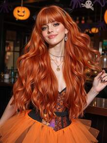 橙色修剪劉海波浪假髮 - 耐熱合成纖維，適合日常穿著和派對婚禮！