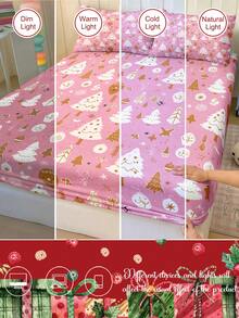 3pcs White Christmas Tree Pink Digital Printed Three Pieces Fitted Sheet Set (1 Fitted Sheet+2 Pillowcases Without Core) Suitable For Room Decoration Daily Polyester Fiber Soft Skin Friendly Bedding Indoor Bedroom Master Bedroom Christmas Decor Home Christmas Decoration Cute Christmas Gifts