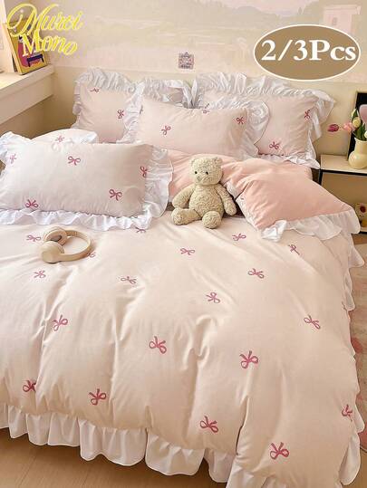 2/3 件套荷叶边防水纤维羽绒被套和枕套，带蝴蝶印花床上用品（不含填充物），撞色现代床上用品，适用于卧室、学生宿舍、单人床、双人床、所有季节、秋季装饰、秋季装饰、房间装饰