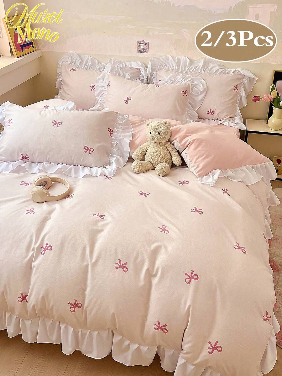 2/3 pièces Set Housse de couette et taie d'oreiller à volants en fibre imperméable avec imprimé papillon (Hors rembourrage), Parure de lit moderne bicolore convenant pour chambre à coucher, dortoirs d'étudiants, lits simples et doubles, toutes saisons, décoration d'automne, décoration de chambre - Rose bonbon - Voir 1