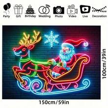 1 pièce Bannière de traîneau du Père Noël et des rennes au néon, décoration de fête vive, convient pour le salon, la chambre à coucher, le bureau - polyester durable, décoration polyvalente pour fête et baptême, rehausseur d'ambiance de Noël, décoration de Noël