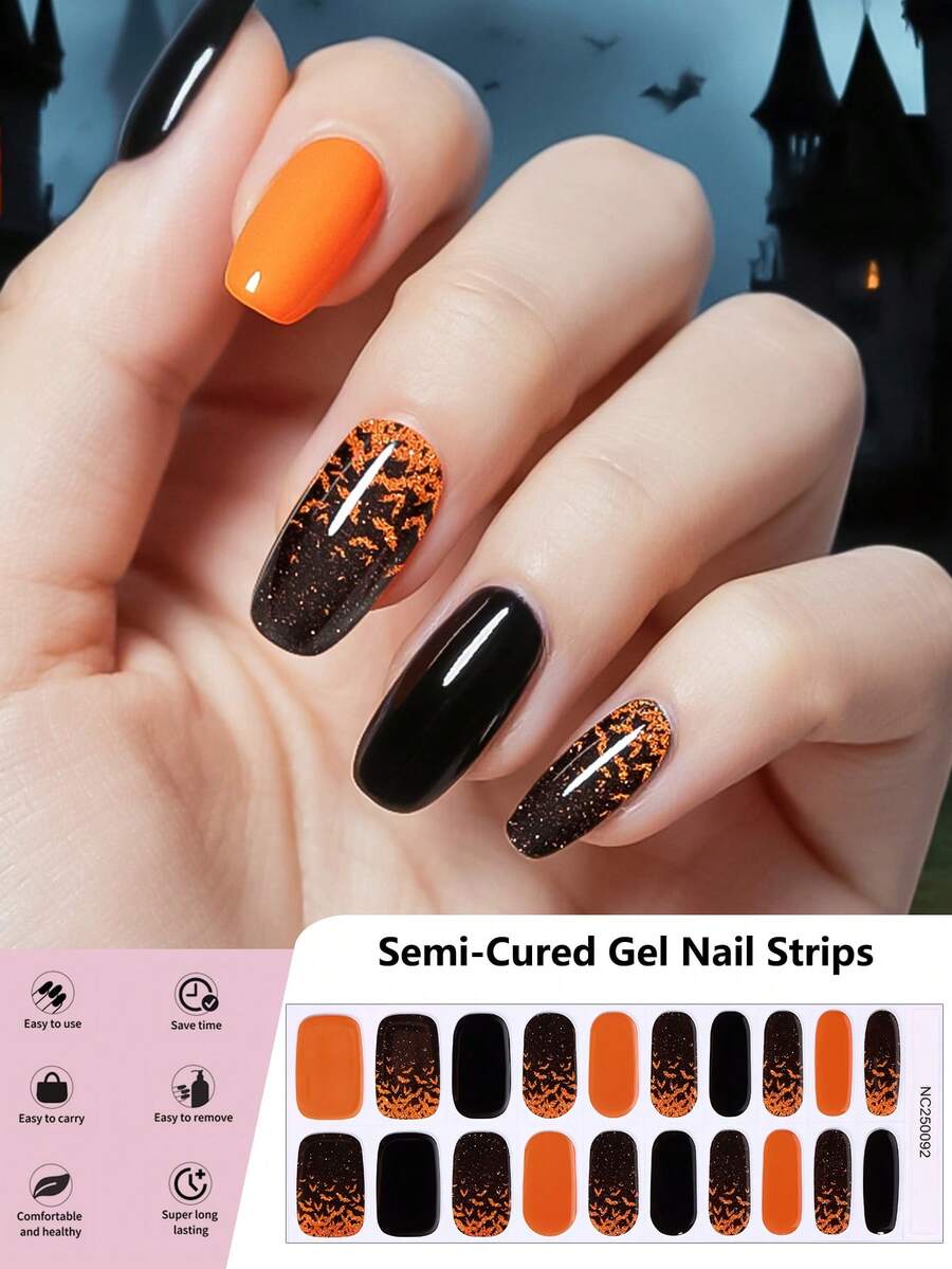 20 Stücke halb ausgehärtete Gel-Nagelfolien, personalisiertes Orange und Schwarz Farbschema Halloween Fledermäuse Schädel Verlaufseffekt Kristall Nagel Sticker, selbstklebende Komplett-Folien Nail Art, ohne UV-Lampe erforderlich, einfach anzubringen und zu entfernen, geeignet für Frauen und Mädchen Halloween Party DIY Nail Art