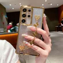 (带屏幕保护膜) (蝴蝶手链) 1 件极简主义手机壳，太空级防摔/TPU 硅胶软边豪华保护套，带防尘孔，厚边，兼容三星 Galaxy S24 Ultra/S24 Plus/S24/S23 Ultra/S23 Plus/S23/S22 Ultra/S22 Plus/S22/S21 Ultra/S21 Plus/S21 FE/S23 FE/S20 Ultra/S20 Plus/S20 FE 和支架电镀 + TPU 硅胶软边全覆盖女士/男士高端保护壳，适用于 OPPO