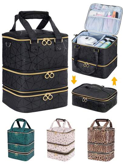 Elegante bolsa organizadora de uñas de cuero PU, capacidad para 60 botellas + luz. Doble capa con soporte y correa. Ideal para viajes, almacenamiento y regalo.