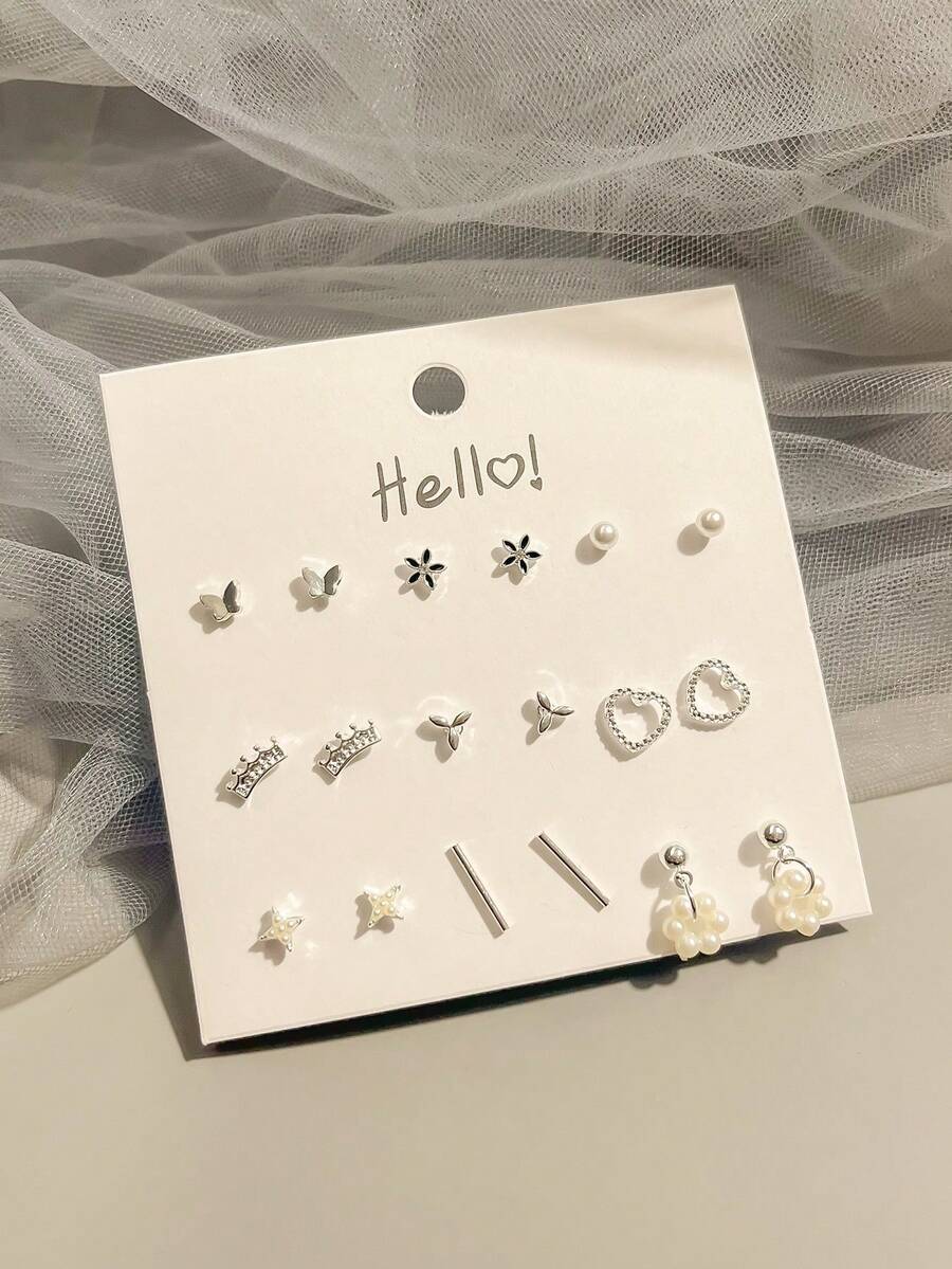 9 أزواج من أقراط الأذن المرصعة بالكامل بالراين بتصميم بسيط على شكل فراشة للنساء