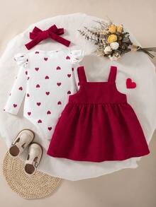 2pcs/Set Girls Casual Outfits - Heart Print Long Sleeve Top And Adjustable Strap Skirt With Headband, Spring/Autumn - Red - View 2