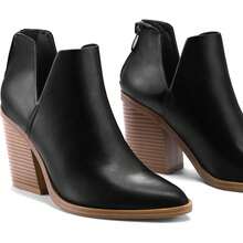 Women's Slip-On Ankle Boots – Cutout Pointed Toe Chunky Mid Heel Booties For Casual, Work & Daily Wear - 黑浦 - 查看 3