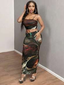 Halloween Clothes For Women Women's 2 Piece Outfits Summer Tie Dye Crop Top Asymmetric Slit Skirt Set Sexy - Multicolor - View 4