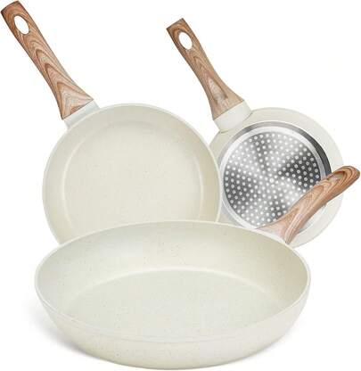 Set de 3 Sarténes Antiadherentes Blancas: Tamaños 20cm (7.87"), 24cm (9.5") y 28cm (11") – Mango Antiescalda, Ideal para Amantes de la Cocina y Hogares Modernos en Desayunos y Cena Diaria