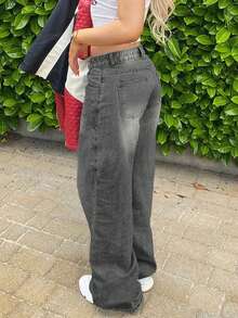 Women Casual Washed Straight Leg Low Rise Baggy Ripped Jeans - Grey - View 2