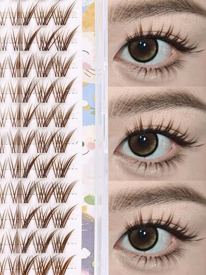120pcs D-Curl 6-14mm Caramel Colored Natural Looking Faux Mink Wispy Flared Elongated Eyelash Extensions