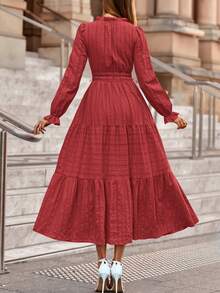 Women's  Fall Wedding Guest Dresses Long Sleeve V Neck Flowy Elegant Holiday Party Maxi Dress With Pockets - Đỏ gạch - Xem 3