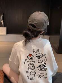 女款休閒寬鬆字母與卡通印花圓領長袖T恤，時尚百搭，春秋適用 - 淺花灰 - 查看 3