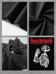 Elegante camiseta gráfica para mujer con estampado de esqueleto, moderna camiseta de manga corta con cuello redondo, tela suave y cómoda, diseño de patrón único, perfecta para uso diario y salidas informales. - Negro - Ver 4