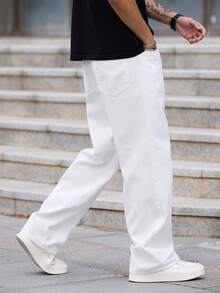 1件 Justice Brother 休闲宽松直筒牛仔裤，简约港式男士时尚舒适长裤，四季皆宜 - 白色 - 查看 8