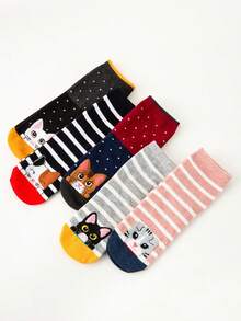 5 双可爱猫耳设计袜子，卡通可爱 3D 耳朵中筒袜，适合女孩、青少年和青春期儿童，条纹透气运动袜，柔软舒适 - 彩色 - 查看 3