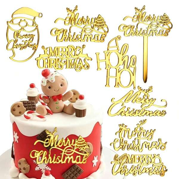 8 peças de topo de bolo de Natal, topo de bolo de acrílico dourado espelhado, árvore de Natal, alce, Papai Noel, topo de bolo de Feliz Natal, decorações de bolo de Natal, decoração de bolo de Natal, kit de decoração de bolo, suprimentos para festas