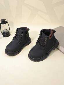 1 Pair Black Toddler/Kids Short Boots, Soft Suede PU Material, Front Lace-Up, Side Zipper, Round Toe, Soft Sole, Retro British Style, Warm & Cute, Suitable For Boys & Girls Everyday/School Wear, Autumn/Winter New - Black - View 7