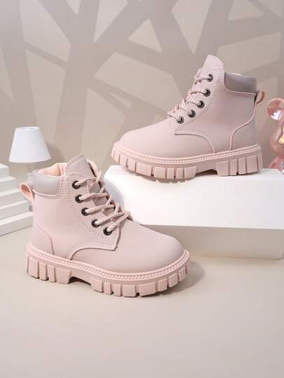 1 par rosa mjuka militärstövlar med matt finish för småbarn/barn, rund tå, varm tjock sula, snörning framtill, dragkedja på sidan, klassiska korta stövlar, lämpliga för pojkar/flickor, fritidsstövlar, skola, semester, fest, höst/vinter