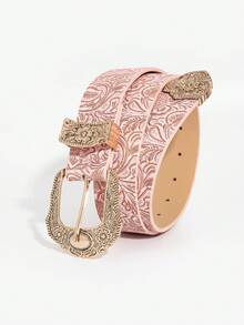 1 件女士复古压花西部扣牛仔腰带，适合音乐节和城市游牧民族服装，装饰性 - 粉色 - 查看 5