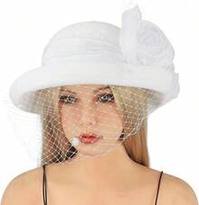 Sombrero de iglesia con flor para mujer con fascinador, sombreros para boda, fiesta del té, sombrero bombín, sombrero de cubo - Blanco - Ver 2