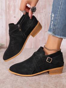Western Style Side Zipper Buckle Ankle Boots