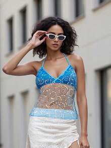 Women's Summer Halter Tank Tops Sequin Bead Sheer Mesh Sleeveless Backless Cropped Vest For Party