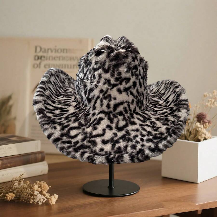 Furry Leopard Print Cowgirl Hat British Style Upturn Brim Western Hat Jazz Cap For Women Men For Fall Winter - màu đen - Xem 1