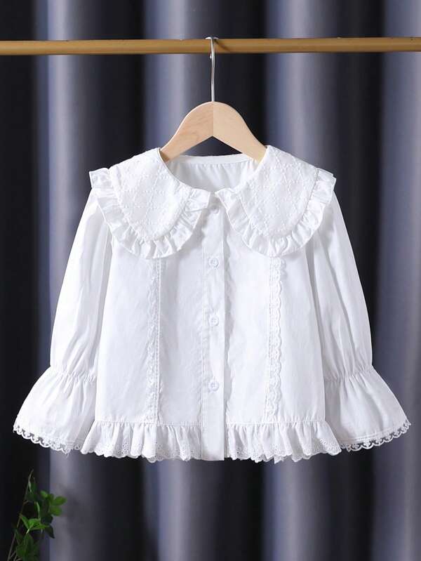 Girls' Sweet Peter Pan Collar White Shirt, Long Sleeve Single-Breasted Cardigan With Frill Trim, Children's Spring/Autumn School Uniform Top