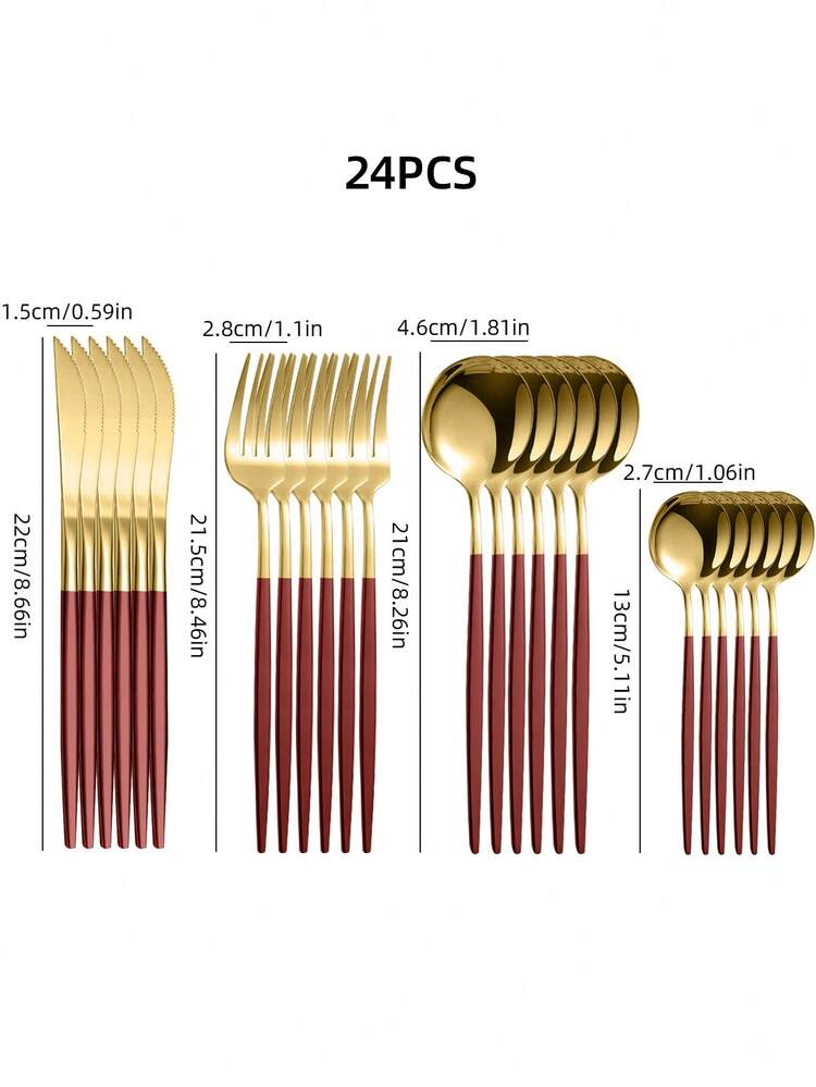 24件套葡萄牙风格不锈钢餐具套装，包括叉子、勺子和茶匙，可放入洗碗机清洗，适用于家庭、厨房、餐厅、酒店、派对、婚礼等场合，是万圣节、感恩节、复活节、圣诞节等节日的理想之选，厨房用品 - 多种颜色可选 - - - 查看 11