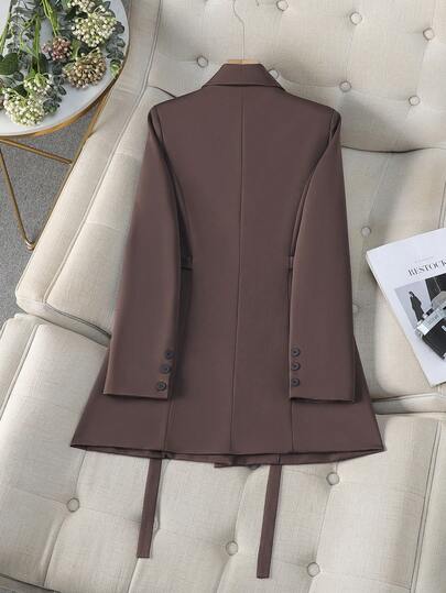 Brown Lace-Up Double-Breasted Women's Suit Jacket, Mid-Length Slim Fit Commuter Coat, Crisp Drapey Fabric, Elegant Casual Outerwear For Women Aged 25-45 Spring