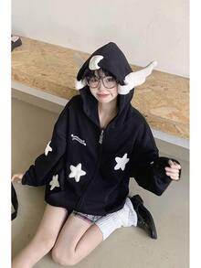 Women Cute Shark Hoodie Long Sleeve Blue Kawaii Animal Shark Shape Hooded Pullover Sweatshirts - 02-黑色 - 查看 4