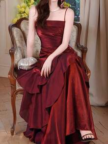 优雅复古酒红色正式派对礼服，适合母亲节婚礼 - 酒紅色 - 查看 9