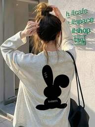 ผู้หญิง Loose Fit Cartoon Print เสื้อยืดแขนยาวผ้าฝ้าย ใช้ได้หลายโอกาสในช่วงฤดูใบไม้ผลิและฤดูใบไม้ร่วง