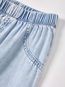 1 件女童休闲简约浅蓝色牛仔布，舒适日常穿着，春秋季 - 淺色水洗藍 - 查看 4