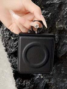 Genuine Leather Phone Case With Magnetic Ring Holder For Samsung Galaxy Z Flip 7 6 5 4 3, Shockproof Solid Color Back Cover - Black - View 5