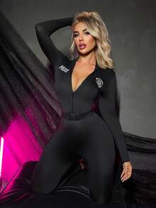 Trang phục hóa trang sĩ quan cho nữ nhân dịp Lễ Tình nhân, bộ áo liền quần dài tay có khóa kéo phía trước + thắt lưng. - màu đen - Xem 8