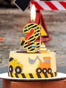 Công trường xây dựng máy xúc sọc vàng và đen chủ đề số 0-9 tiệc sinh nhật kỷ niệm bánh nến trang trí - Nhiều màu - Xem 1