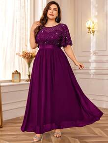 加亮片花卉蕾丝蝴蝶袖雪纺褶边晚会长裙，婚礼宾客礼服，适合生日、舞会、晚宴、节日