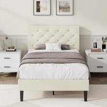 HOMBCK Upholstered  Bed Frame With Headboard, Linen Platform Bed  Frame With Wooden Slats Support,Twin/ Full/ Queen/ King,Pink/ White/ Blue/ Light Grey/ Dark Grey/ Black/ Cream - 奶油 - 查看 5