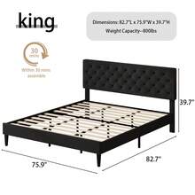 Upholstered  Bed Frame With Headboard, Linen Platform Bed  Frame With Wooden Slats Support,Twin/ Full/ Queen/ King,Pink/ White/ Blue/ Light Grey/ Dark Grey/ Black/ Cream - 黑色 - 查看 9