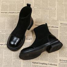 时尚秋冬新款针织拼接踝靴，时尚踝靴，修身靴，优雅 - 黑色 - 查看 3