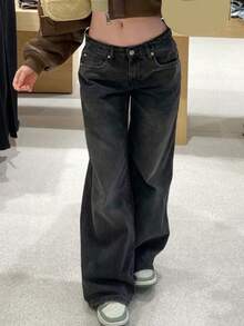 MYOURSA Quần Jeans Ống Rộng Baggy Cạp Thấp Phong Cách Đường Phố Thường Ngày Giặt Sạch Vintage - Màu xám đen - Xem 5