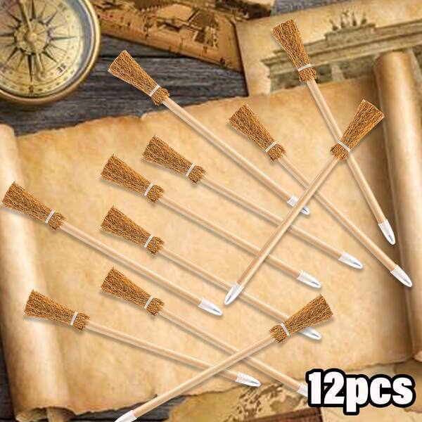 3 lápis de vassoura de bruxa - Lápis decorativos de Halloween em madeira sintética, sem penas, duráveis, adequados para festas temáticas e uso o ano todo