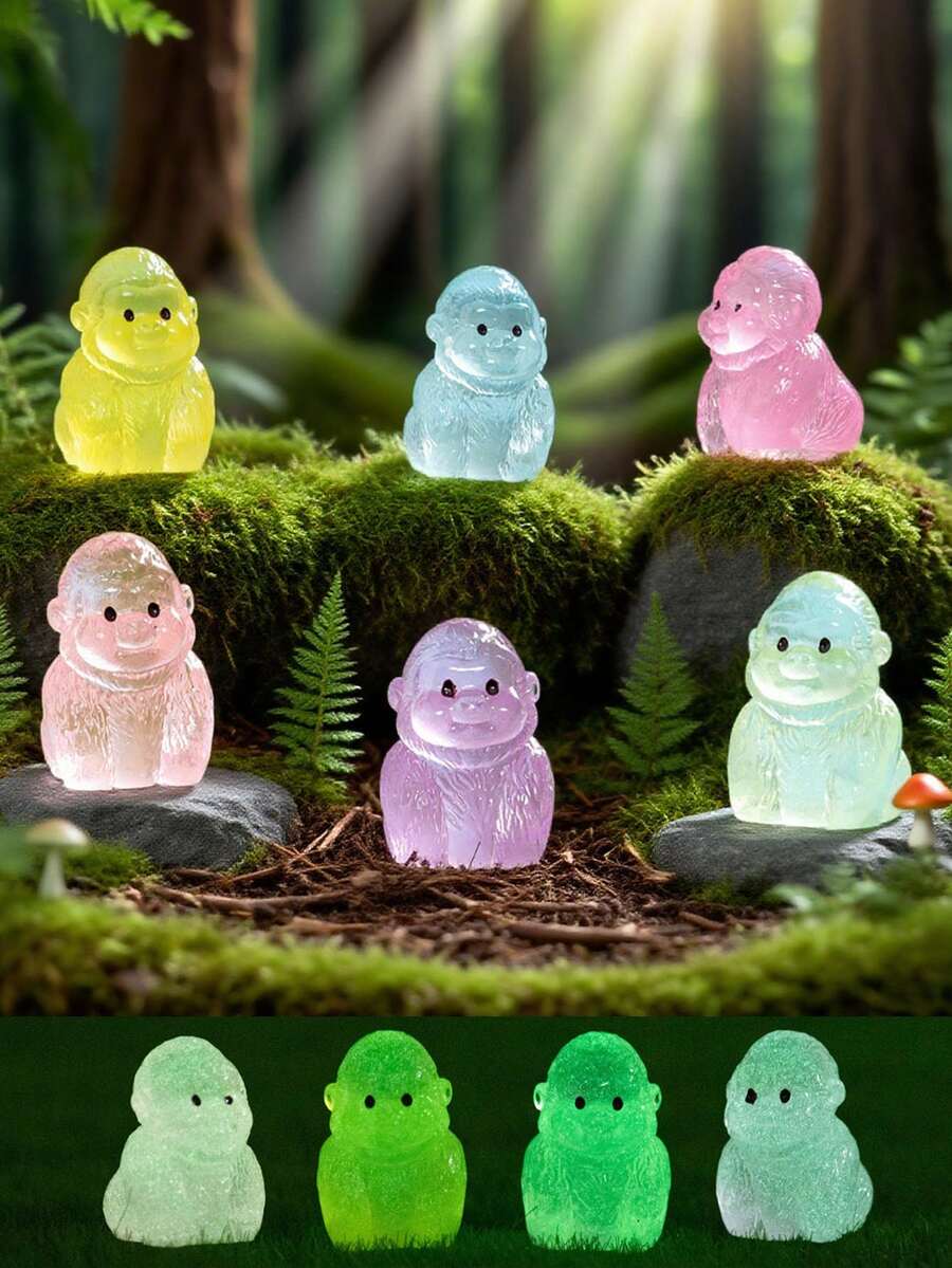 20 piezas de mini gorilas de resina luminosos que brillan en la oscuridad, pequeñas figuras de chimpancé en miniatura, accesorios de animales monos diminutos para decoración de jardín de hadas DIY, contenedor de vidrio, decoración de plantas en maceta, manualidades de paisaje micro, decoración de jardín, accesorios para el interior del automóvil, decoración de fiestas temáticas, regalo de cumpleaños perfecto (color aleatorio)