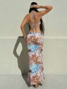 Women's Two Piece Maxi Skirt Sets Summer Beach Sexy Ruched Backless Pearls Chain Decor Crop Top And Cut Out Skirt - màu nâu - Xem 3