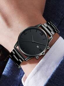 4pcs/Set Men's Casual Business Roman Scale Calendar Quartz Watch, Bracelet, Cross Necklace, Ring Jewelry Set, Suitable For Daily Wear