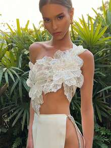 Women Asymmetrical 3D Flower Crop Cami Sparkly Glitter Sleeveless Bandage Tank Top Elegant Y2K Party Streetwear - 白色 - 查看 4